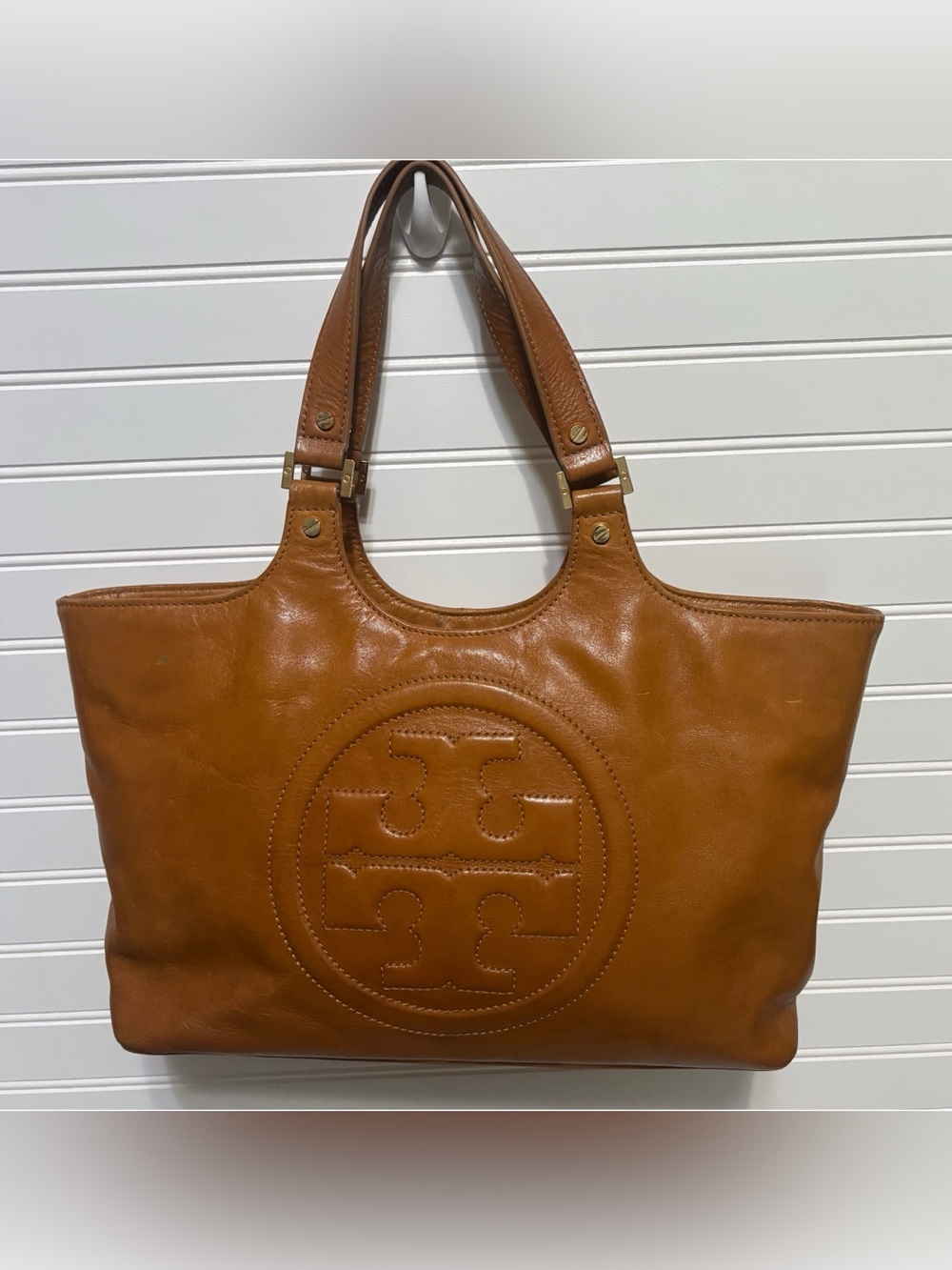 TORY BURCH Top Handle Tan Brown Bombe Leather Tote Shoulder Bag Purse Satchel